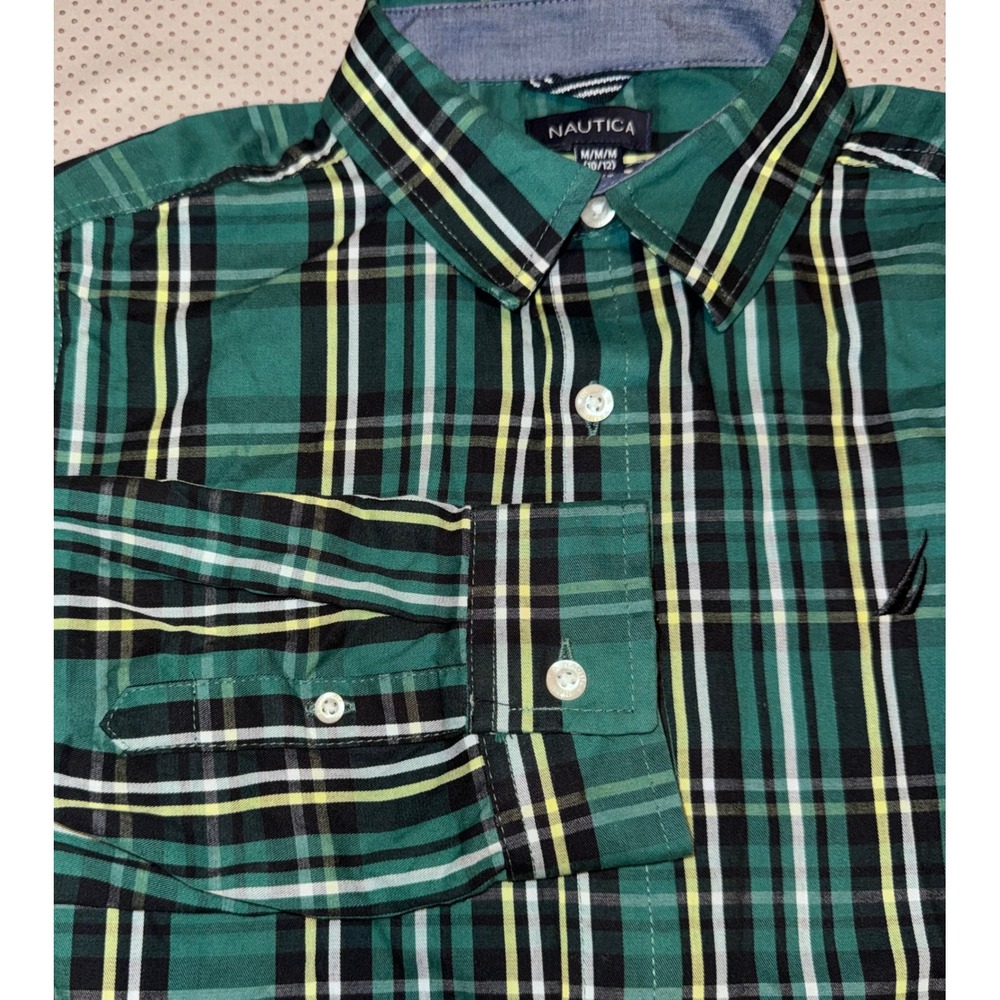 Nautica Boys Holiday Christmas Green Plaid Long Sleeve Button Up Shirt M 10/12